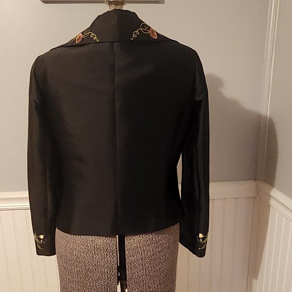 1990's Rickie Freeman for Teri Jon Black Silk Blend Jacket W/Colorful Embroidery - Picture 3 of 10